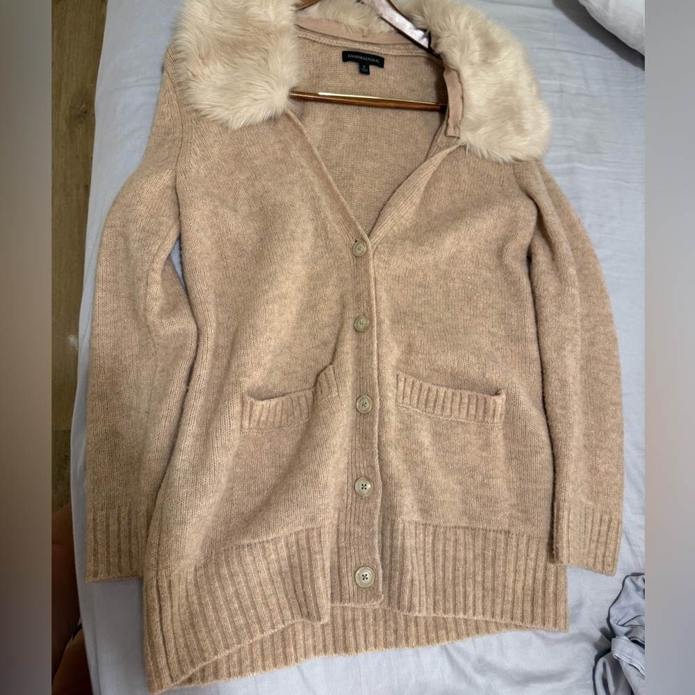 Banana Republic Beige Cardigan with Faux Fur Collar